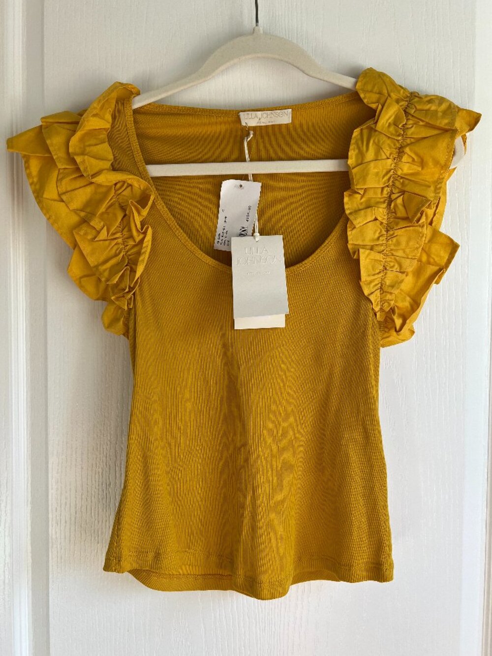 NWT Ulla Johnson Koa Top Womens Ruffle Sleeveless Ribbed Tank Yellow Mustard M
